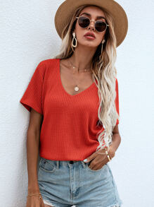 SHEIN LUNE Waffle Knit V Neck Solid Tee - Orange - View 3