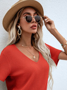 SHEIN LUNE Waffle Knit V Neck Solid Tee - Orange - View 4