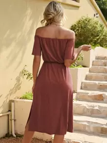 SHEIN LUNE Đầm suông hở vai xẻ đùi màu đỏ tía cho nữ - Màu Đỏ Sâu - Xem 2