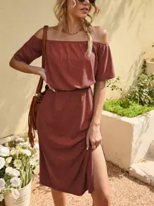 SHEIN LUNE Đầm suông hở vai xẻ đùi màu đỏ tía cho nữ - Màu Đỏ Sâu - Xem 3