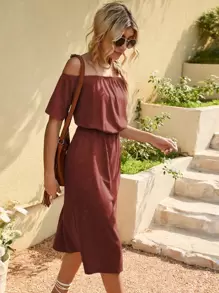 SHEIN LUNE Đầm suông hở vai xẻ đùi màu đỏ tía cho nữ - Màu Đỏ Sâu - Xem 4