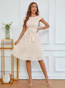 SHEIN Clasi Belted Floral Lace Pleated Hem Dress - Apricot - View 4