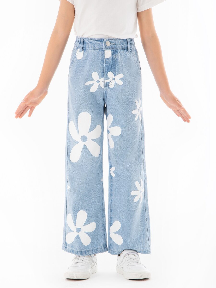 Girls Floral Print Wide Leg Jeans - Light Wash - View 1