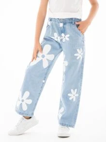 Girls Floral Print Wide Leg Jeans - Light Wash - View 4