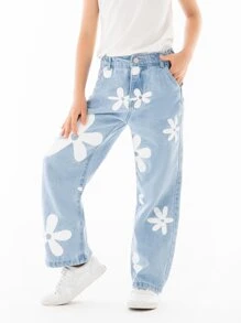 Girls Floral Print Wide Leg Jeans - Light Wash - View 5