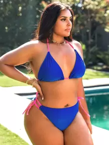 Swim Vcay Plus Size Colorblock String Bikini Set Triangle Bra & Tie Side Bottom 2 Pieces Bikini Summer Beach - Royal Blue - View 1