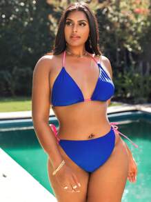 Swim Vcay Plus Size Colorblock String Bikini Set Triangle Bra & Tie Side Bottom 2 Pieces Bikini Summer Beach - Royal Blue - View 4