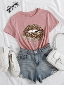 SHEIN LUNE Mouth Graphic Short Sleeve Tee Graphic Cheetah Print Tees Women Tops - Dusty Pink - View 1