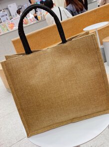 条纹和字母图案手提包书包，适合毕业生、少女、大一、大二、大三和大四学生，适合大学和高中学生，非常适合户外、旅行和返校，时尚大号手提包，最佳秋季灵感创意 - 卡其色 - 查看 3