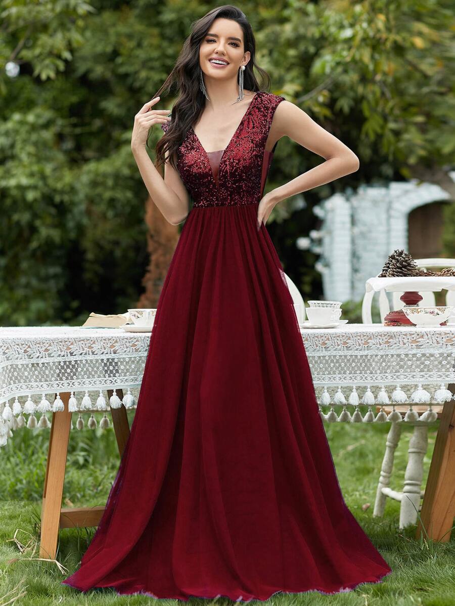 EVERPRETTY Đầm Dây kéo màu trơn Màu Đỏ Sâu Hấp dẫn - Màu Đỏ Sâu - Xem 1