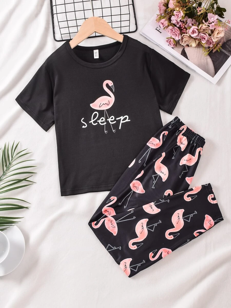 SHEIN Girls Letter & Flamingo Print Tee & Trousers PJ Set - Black - View 1
