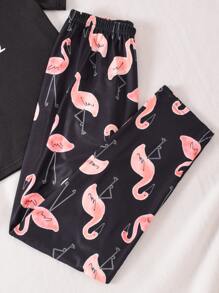 SHEIN Girls Letter & Flamingo Print Tee & Trousers PJ Set - Black - View 4