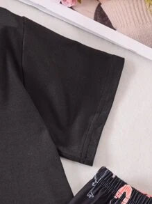 SHEIN Girls Letter & Flamingo Print Tee & Trousers PJ Set - Black - View 6