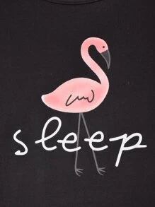 SHEIN Girls Letter & Flamingo Print Tee & Trousers PJ Set - Black - View 7