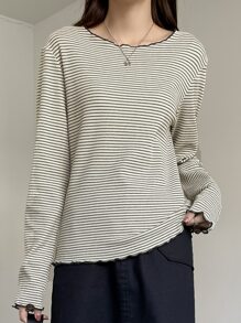 DAZY Striped Print Lettuce Trim Tee,Fall Clothes Long Sleeve Women Tops