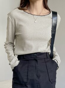 DAZY Striped Print Lettuce Trim Tee,Fall Clothes Long Sleeve Women Tops