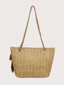 Skinny Scarf Decor Daisy Straw Baghandbag, Shoulder BagMinimalist, Casual, VacationFlowersLightweight, Portable, Large Capcity For Girl, For WomanOutdoors, Travel, Outings, Holiday, Beach, For Summer - Khaki - View 3