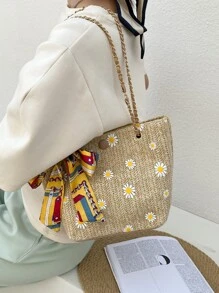 Skinny Scarf Decor Daisy Straw Baghandbag, Shoulder BagMinimalist, Casual, VacationFlowersLightweight, Portable, Large Capcity For Girl, For WomanOutdoors, Travel, Outings, Holiday, Beach, For Summer - Khaki - View 5