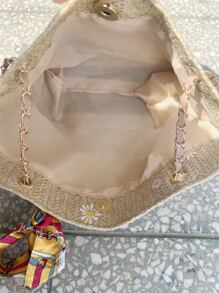 Skinny Scarf Decor Daisy Straw Baghandbag, Shoulder BagMinimalist, Casual, VacationFlowersLightweight, Portable, Large Capcity For Girl, For WomanOutdoors, Travel, Outings, Holiday, Beach, For Summer - Khaki - View 6