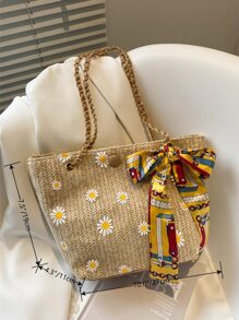 Skinny Scarf Decor Daisy Straw Baghandbag, Shoulder BagMinimalist, Casual, VacationFlowersLightweight, Portable, Large Capcity For Girl, For WomanOutdoors, Travel, Outings, Holiday, Beach, For Summer - Khaki - View 8