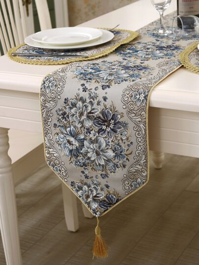 1pc Jacquard Floral Pattern Tassel Decor Table Runner, Boho Polyester Dinner Table Runner For Desk, Table