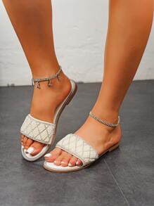 Women's Black Crystal Pearl Decor Holiday Casual Flat Sandals, White Slip-On Flip Flops - Beige - View 3