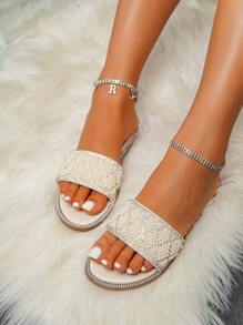 Women's Black Crystal Pearl Decor Holiday Casual Flat Sandals, White Slip-On Flip Flops - Beige - View 5