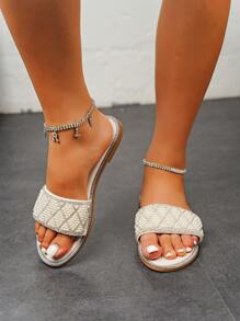 Women's Black Crystal Pearl Decor Holiday Casual Flat Sandals, White Slip-On Flip Flops - Beige - View 6