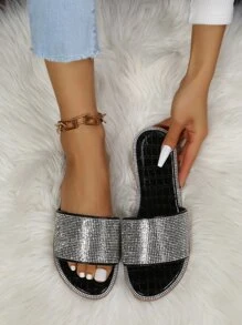 Sandalias deslizantes con decoración de strass plateados para mujer, con una sola correa, perfecto para el Día de San Valentín - Plateado - Ver 1