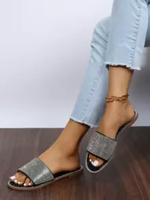 Sandalias deslizantes con decoración de strass plateados para mujer, con una sola correa, perfecto para el Día de San Valentín - Plateado - Ver 5