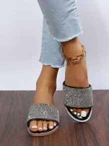 Sandalias deslizantes con decoración de strass plateados para mujer, con una sola correa, perfecto para el Día de San Valentín - Plateado - Ver 6