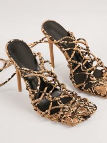 女士鏤空蛇皮壓花交叉帶條帶時尚夏天高跟涼鞋 - 彩色 - 查看 2