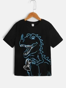 SHEIN Tween Boys' Casual Knit Short Sleeve Round Neck Dinosaur Printed T-Shirt, Summer - Black - View 1