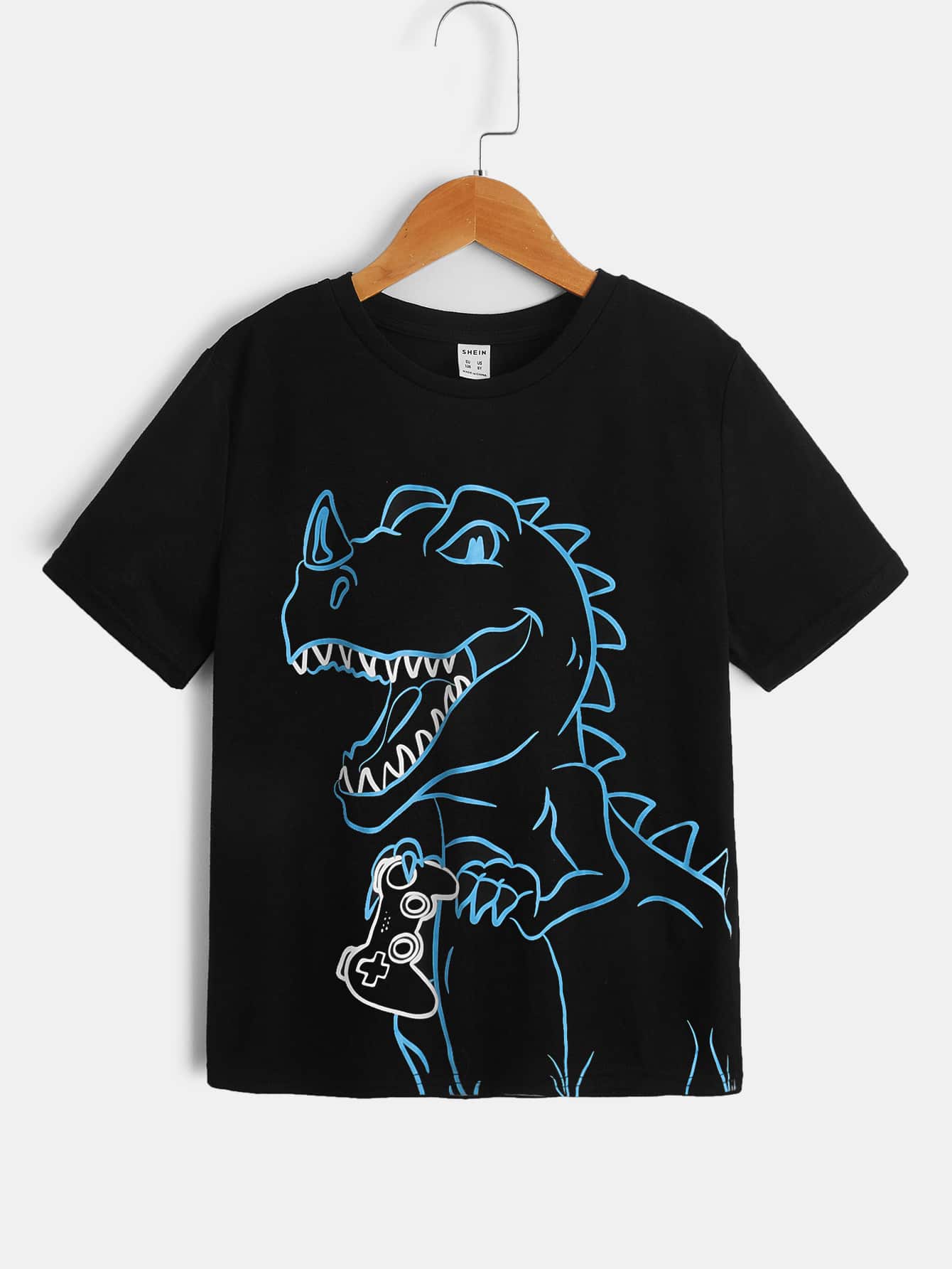 SHEIN Tween Boys' Casual Knit Short Sleeve Round Neck Dinosaur Printed T-Shirt, Summer - Black - View 1