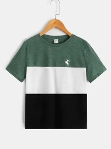 SHEIN 青少年男孩夏季休閒短袖圓領T卹，採用拼接和鹿紋設計編織而成 - 彩色 - 查看 1