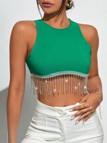 SHEIN BAE Rhinestone Fringe Zip Back Tank Top - Green - View 1
