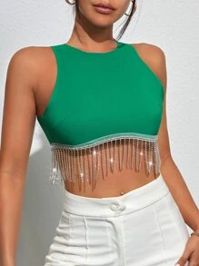 SHEIN BAE Rhinestone Fringe Zip Back Tank Top - Green - View 3