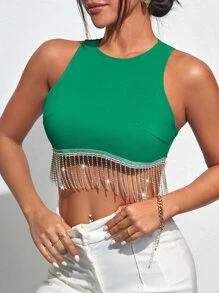 SHEIN BAE Rhinestone Fringe Zip Back Tank Top - Green - View 5