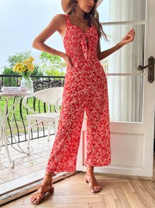 SHEIN Unity Ditsy Floral Cut Out Shirred Knot Front Cami Jumpsuit - Red - View 1