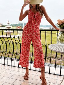 SHEIN Unity Ditsy Floral Cut Out Shirred Knot Front Cami Jumpsuit - Red - View 3