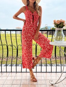 SHEIN Unity Ditsy Floral Cut Out Shirred Knot Front Cami Jumpsuit - Red - View 4