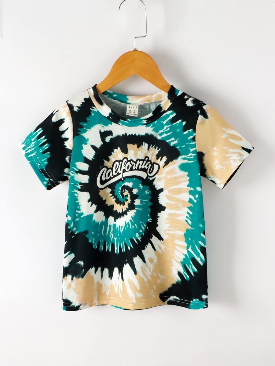SHEIN 青少年男孩字母圖形螺旋染色圓領t卹 - 彩色 - 查看 1