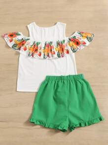 SHEIN Leap Crew Teen Girls Tropical & Fruits Print Cold Shoulder Tee And Bow Front Ruffle Hem Shorts - Multicolor - View 2