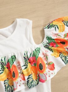 SHEIN Leap Crew Teen Girls Tropical & Fruits Print Cold Shoulder Tee And Bow Front Ruffle Hem Shorts - Multicolor - View 3