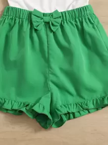 SHEIN Leap Crew Teen Girls Tropical & Fruits Print Cold Shoulder Tee And Bow Front Ruffle Hem Shorts - Multicolor - View 4