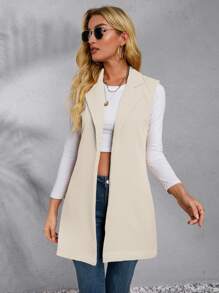 Chiquease Solid Lapel Collar Open Front Vest Blazer - Apricot - View 3