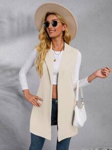 Chiquease Solid Lapel Collar Open Front Vest Blazer - Apricot - View 5