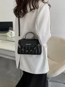 Lightweight,Business Casual Mini Chain Decor Quilted Satchel Bag For Teen Girls Women College Students,Rookies & White-collar Workers Perfect for Office,College,Work ,Business,Commute,Outdoors, Travel, Outings - Black - View 2