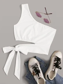 ROMWE One-Shoulder Cutout Crop Top - White - View 1