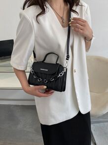 Lightweight,Business Casual Mini Chain Decor Quilted Satchel Bag For Teen Girls Women College Students,Rookies & White-collar Workers Perfect for Office,College,Work ,Business,Commute,Outdoors, Travel, Outings - Black - View 5